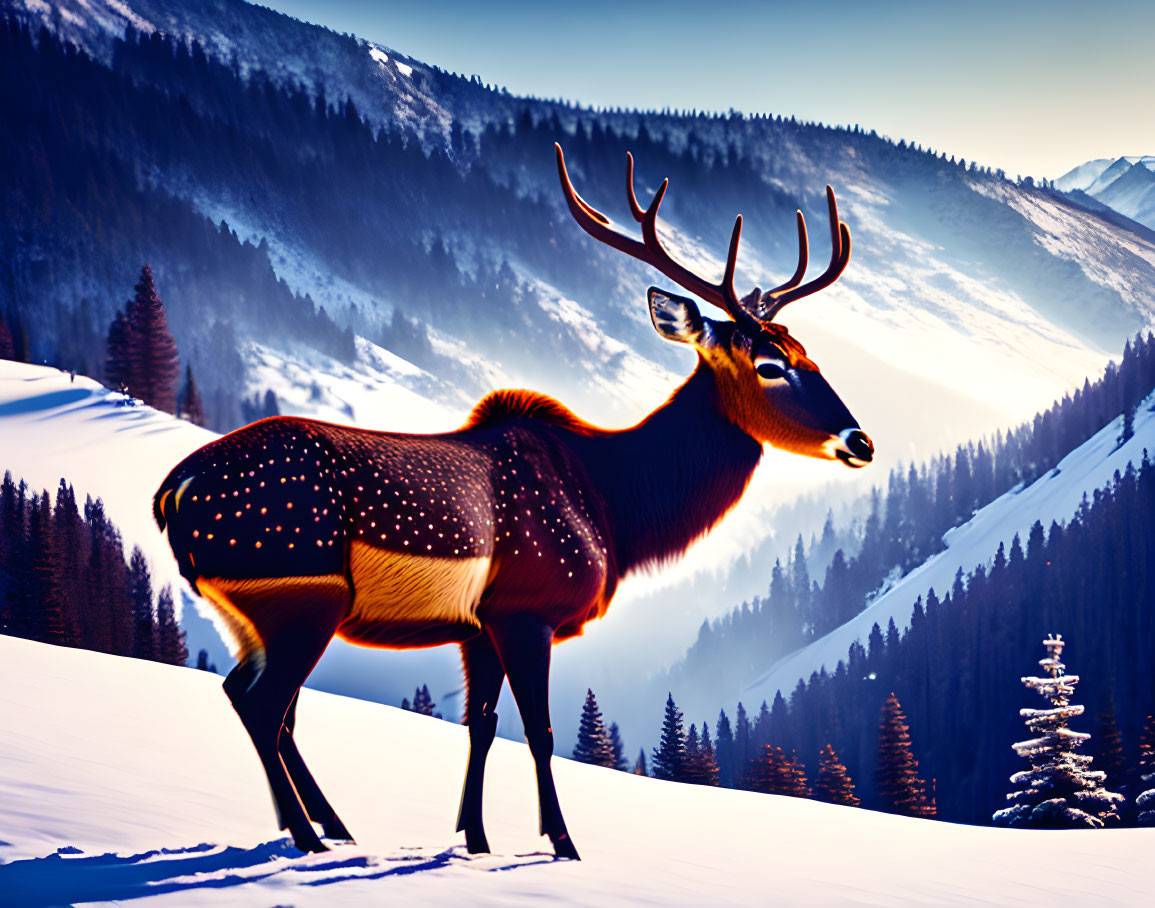 Majestic deer on snowy hill with mountain range view