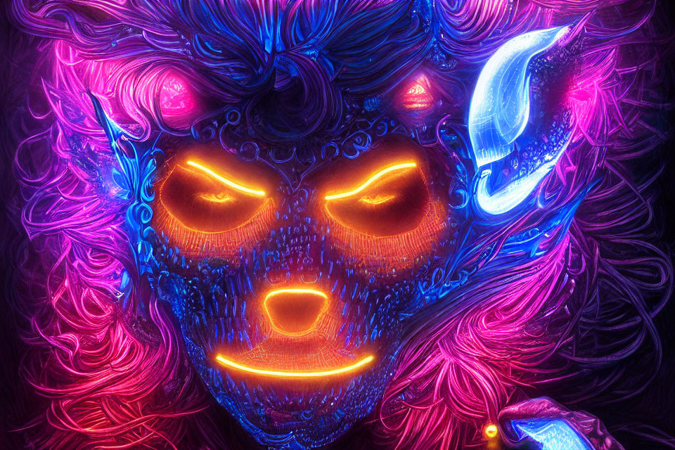 Colorful digital artwork featuring stylized creature with neon fur and glowing eyes