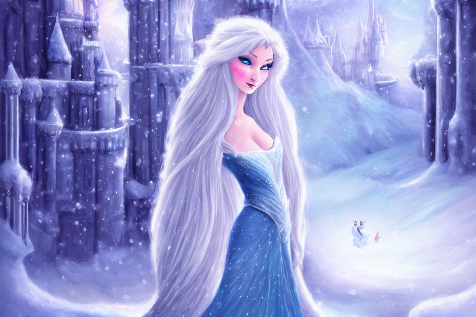 Long White-Haired Animated Character in Blue Gown in Snowy Landscape