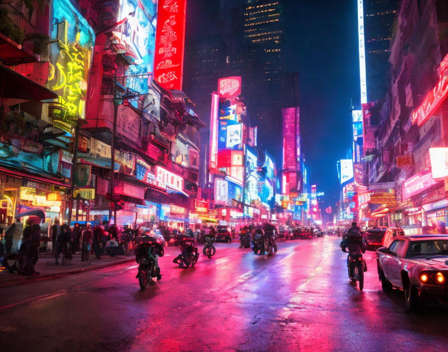 Vibrant neon-lit city street at night with cyberpunk atmosphere