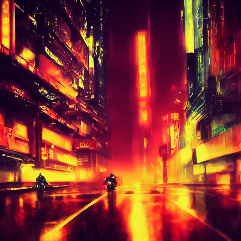 Futuristic city street with speeding motorcycles at night