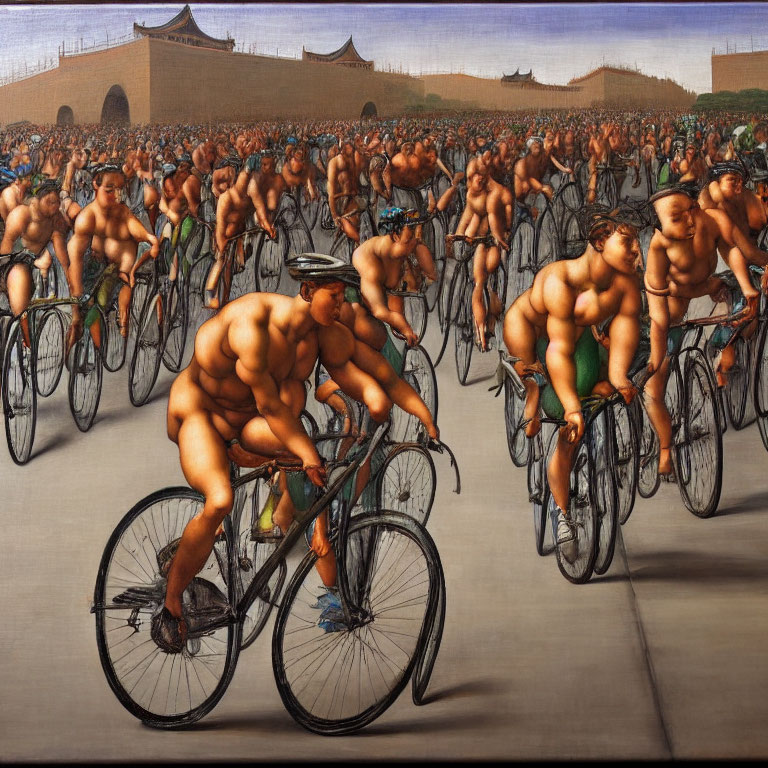 Surreal painting: Naked men on bicycles by ancient city