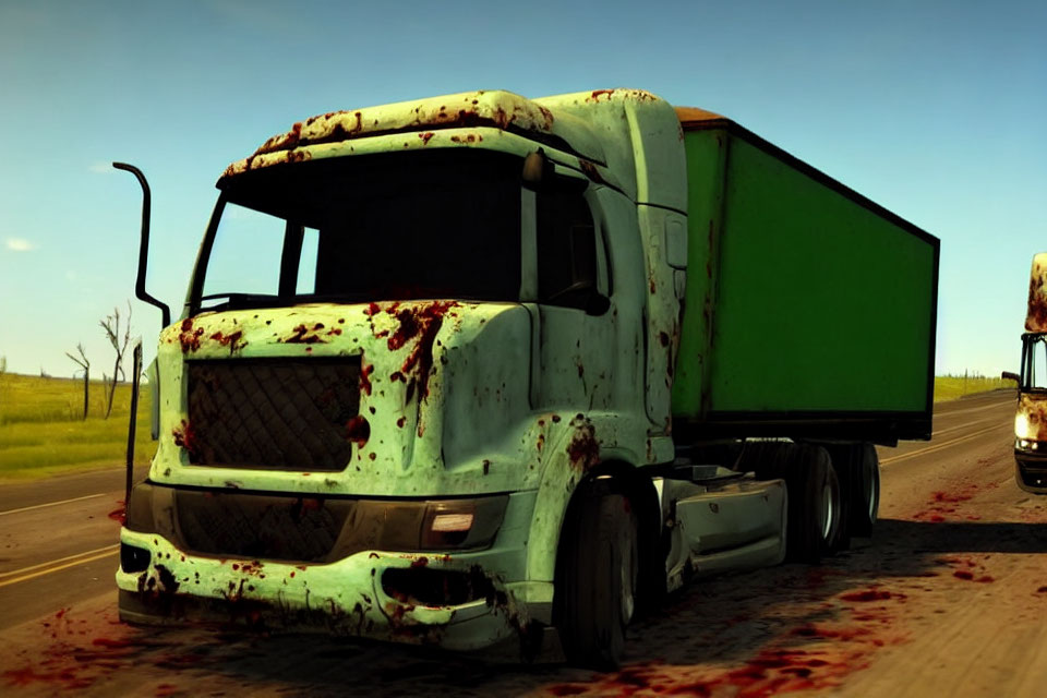 Weathered white semi-truck with green trailer on open road splattered in red.