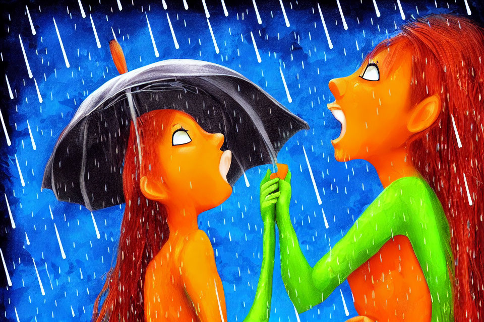 Two animated girls in contrasting tones under pouring rain