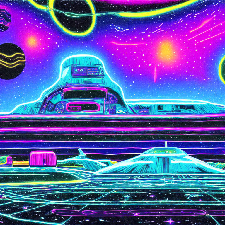 Neon-colored psychedelic futuristic landscape with space vehicle