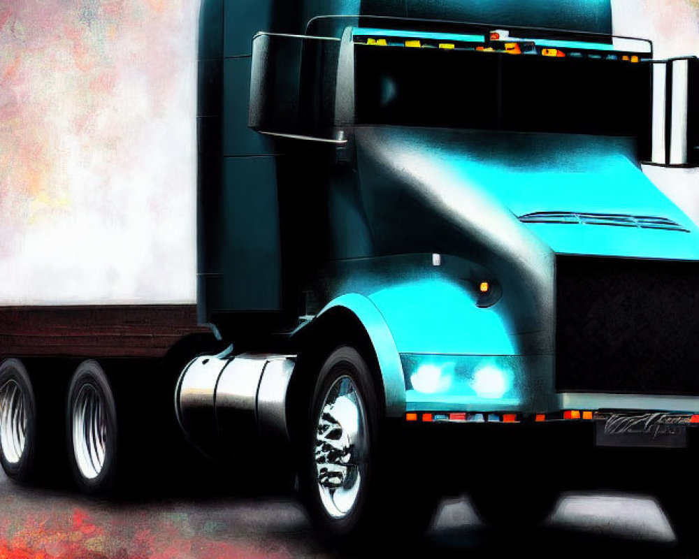 Blue semi-truck illustration on red abstract background with headlights and chrome details