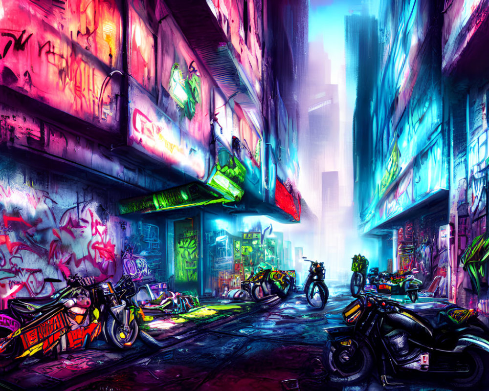 Neon-lit cyberpunk cityscape with graffiti and motorcycles at night