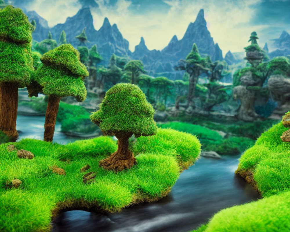 Vibrant green moss-covered trees on floating islands above a serene river