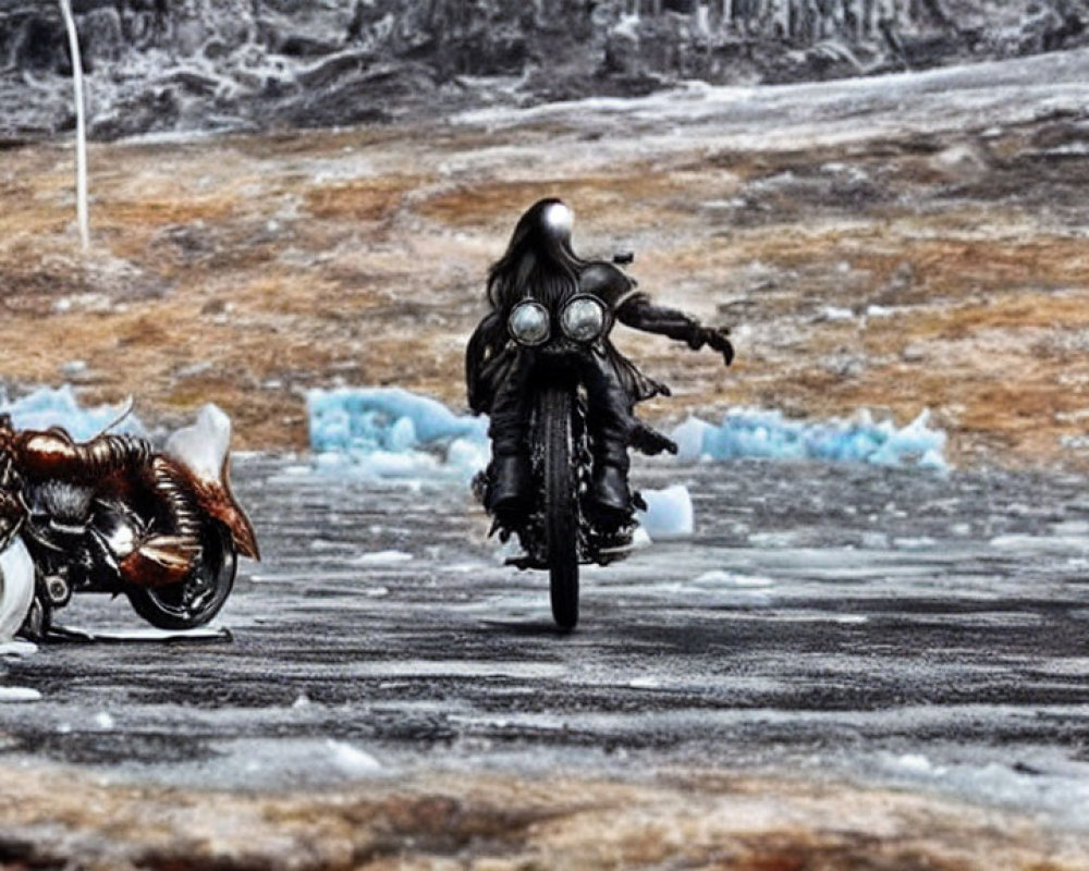 Person in black outfit riding motorcycle on icy road with stationary bike nearby