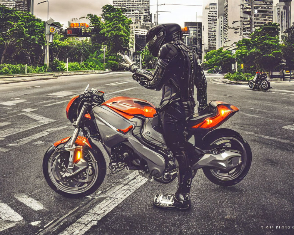 Motorcyclist in black gear with smartphone next to orange sport bike at city intersection