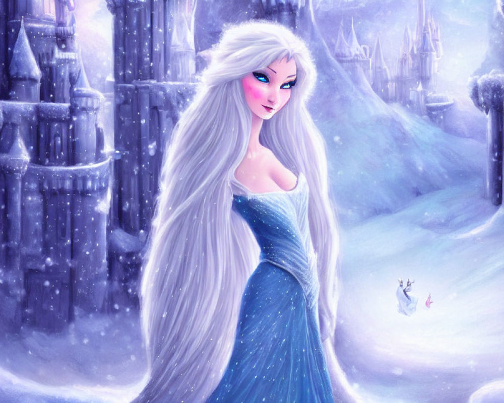 Long White-Haired Animated Character in Blue Gown in Snowy Landscape