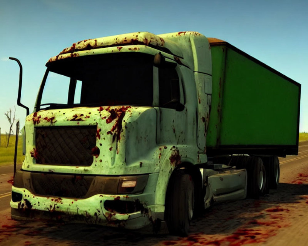 Weathered white semi-truck with green trailer on open road splattered in red.