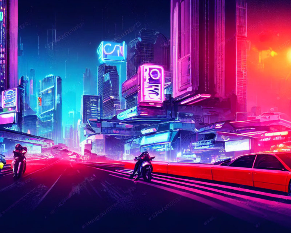 Futuristic neon-lit cityscape with flying cars and skyscrapers