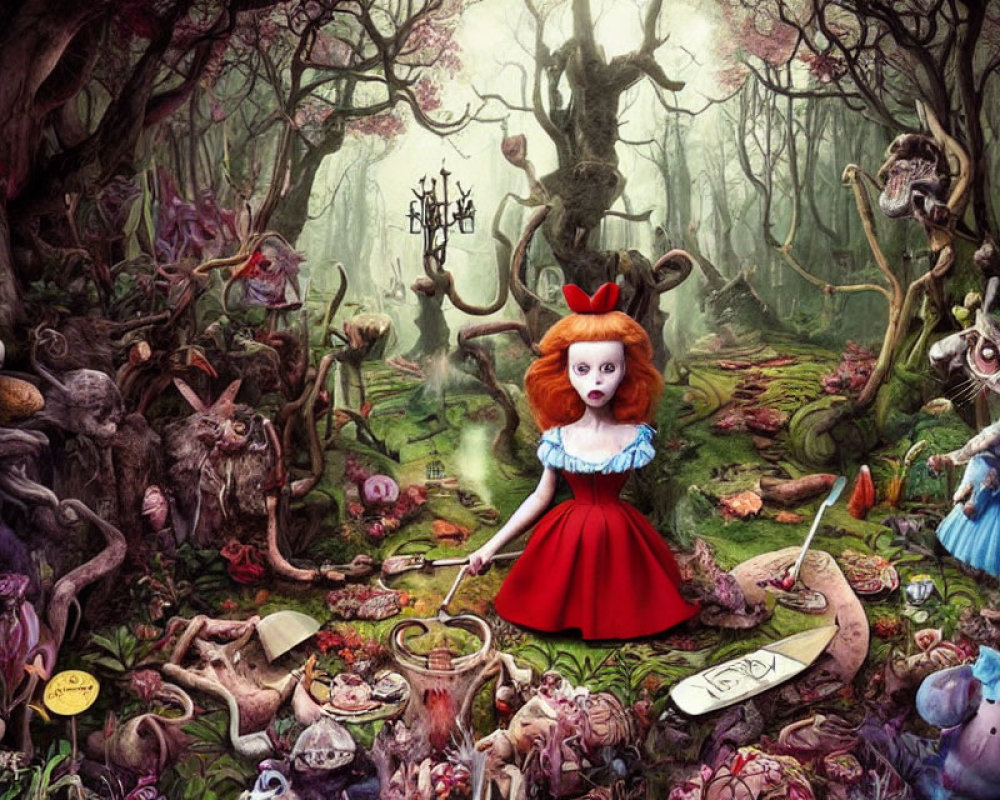 Whimsical Dark Forest Scene with Doll-like Character & Curious Creatures