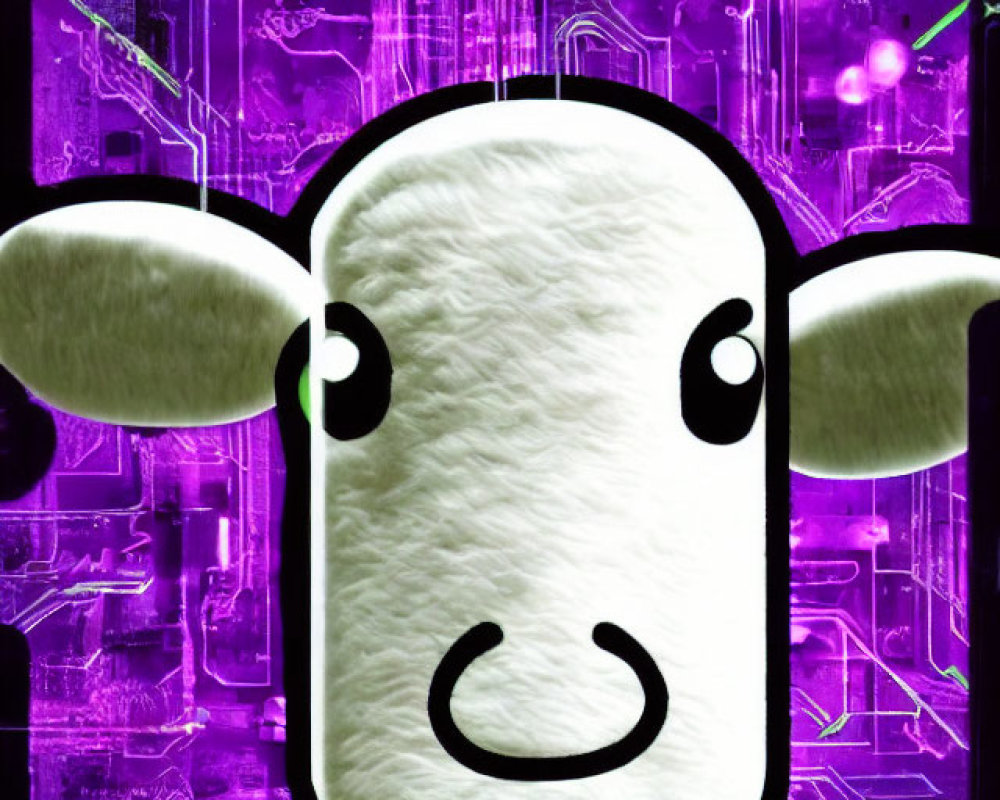 Stylized white sheep head on purple and pink circuit board background