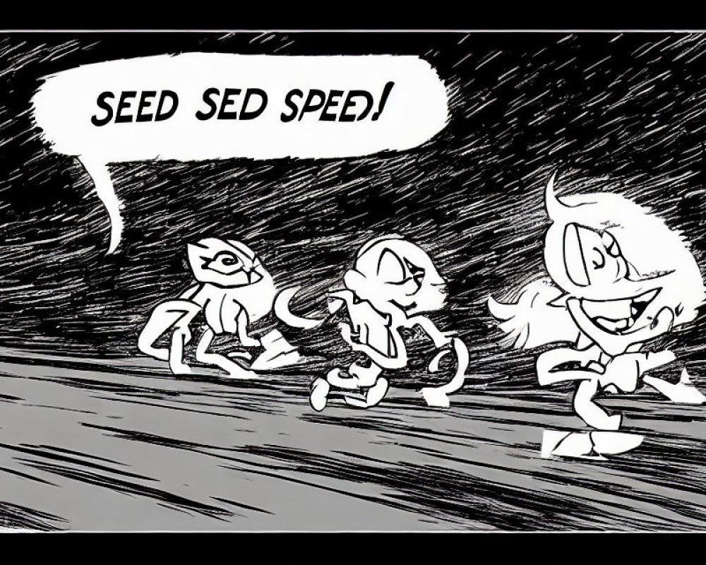 Monochrome artwork of three characters running in rain shouting "SEED SED SPED