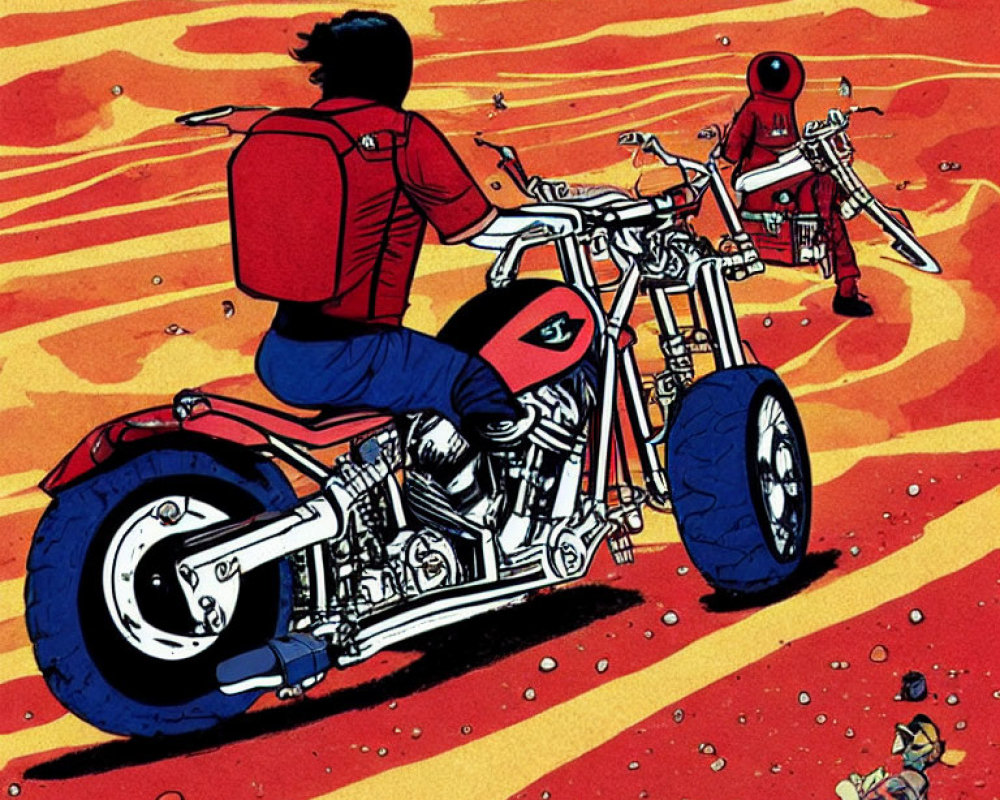 Animated characters on red desert with motorcycle rider and figure in foreground