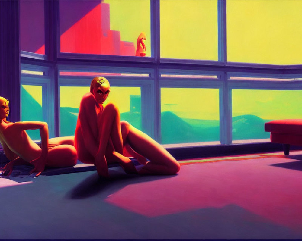 Stylized figures in vibrant room with abstract shapes