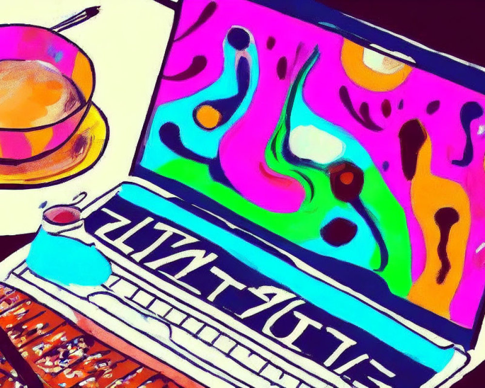 Vibrant digital artwork featuring typewriter, coffee cup, saucer, and abstract patterns