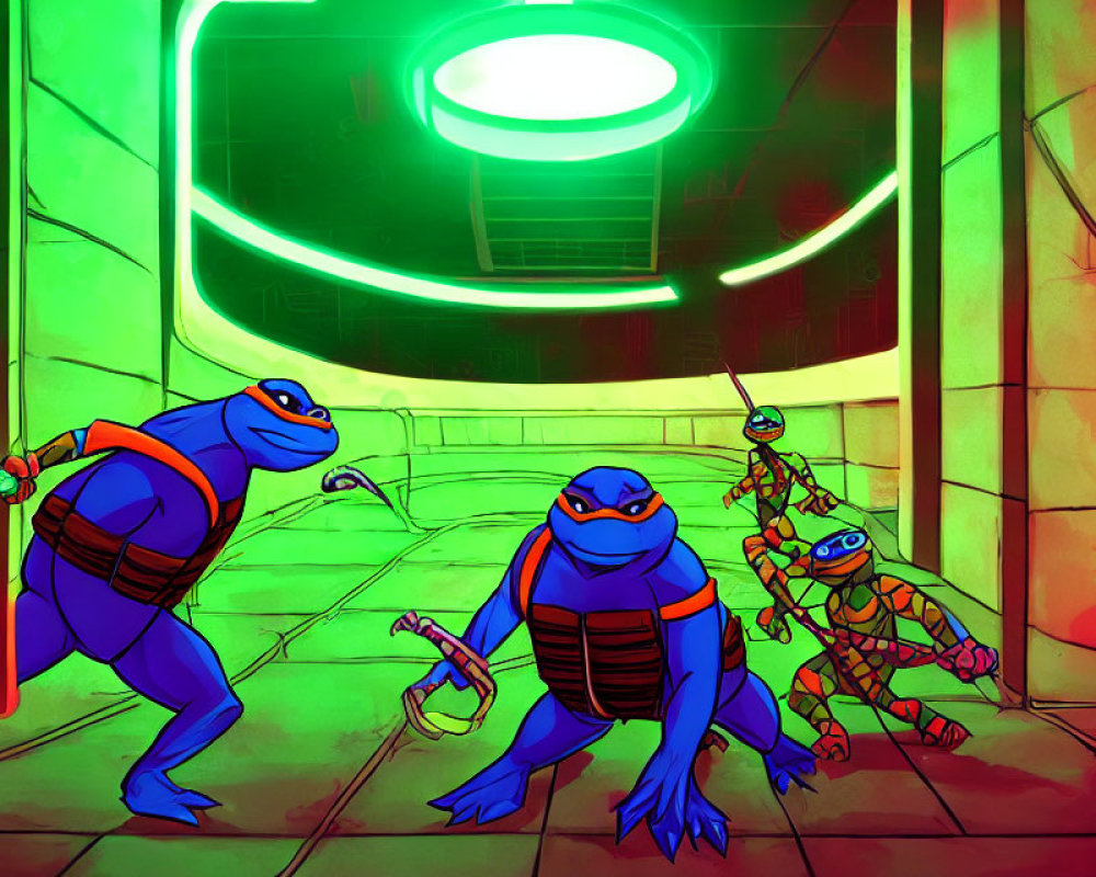 Four Teenage Mutant Ninja Turtles in Sewer Tunnel with Glowing Symbol