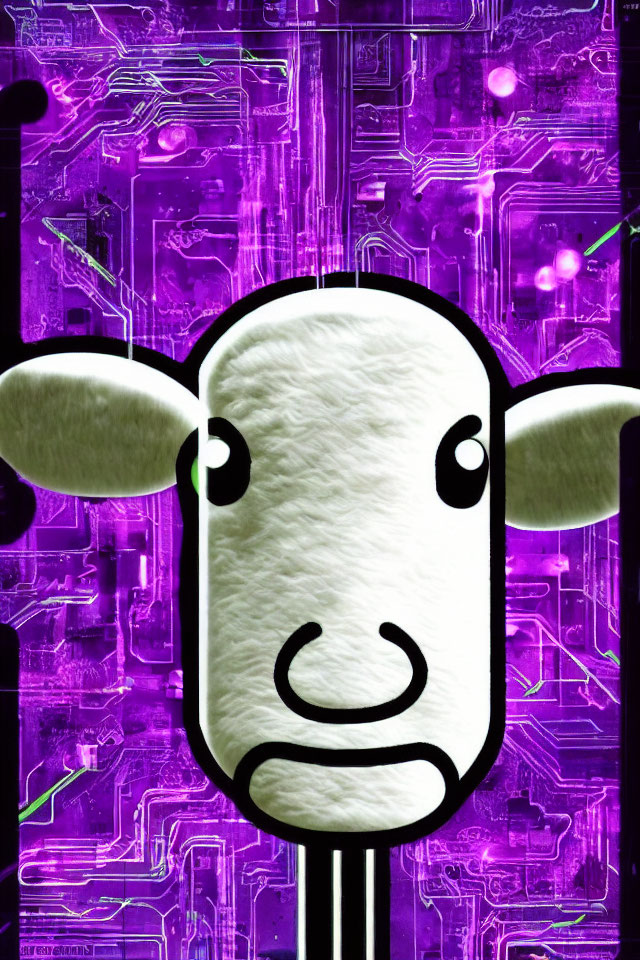 Stylized white sheep head on purple and pink circuit board background