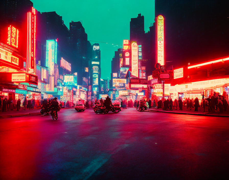 Neon-lit night street with signboards, vehicles, pedestrians - vibrant urban scene