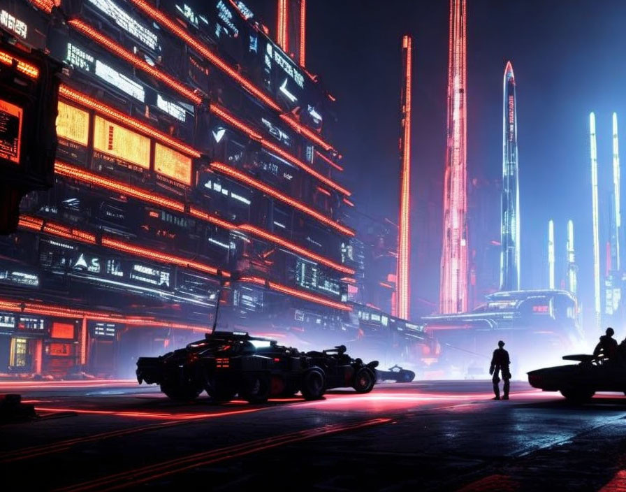 Futuristic cyberpunk cityscape with neon lights & skyscrapers