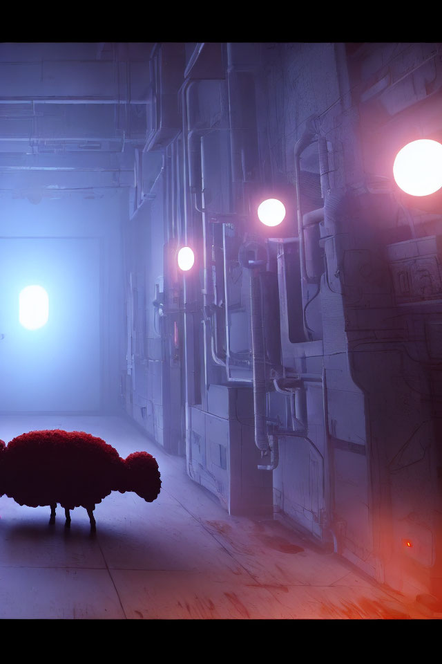 Futuristic sheep in illuminated corridor with industrial decor