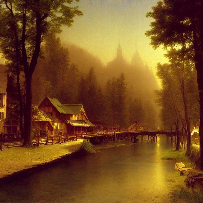 Rustic wooden houses, bridge, river, misty forest, and castle silhouettes in