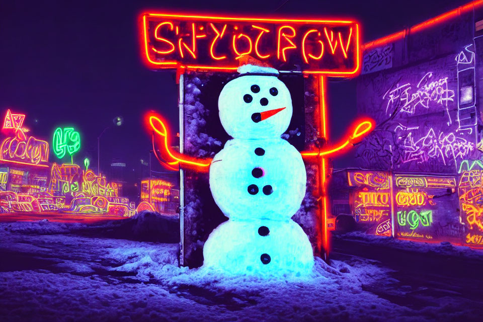 Colorful snowman surrounded by neon signs and graffiti in a winter night scene