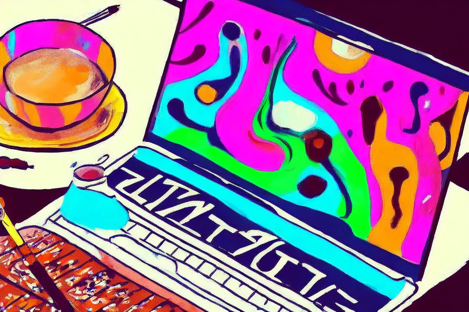 Vibrant digital artwork featuring typewriter, coffee cup, saucer, and abstract patterns