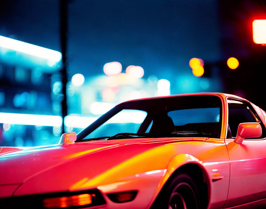 Vintage Red Sports Car Parked at Night with Blurred City Lights