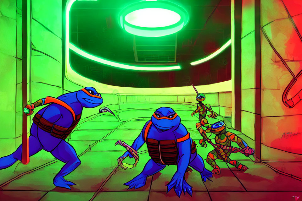 Four Teenage Mutant Ninja Turtles in Sewer Tunnel with Glowing Symbol