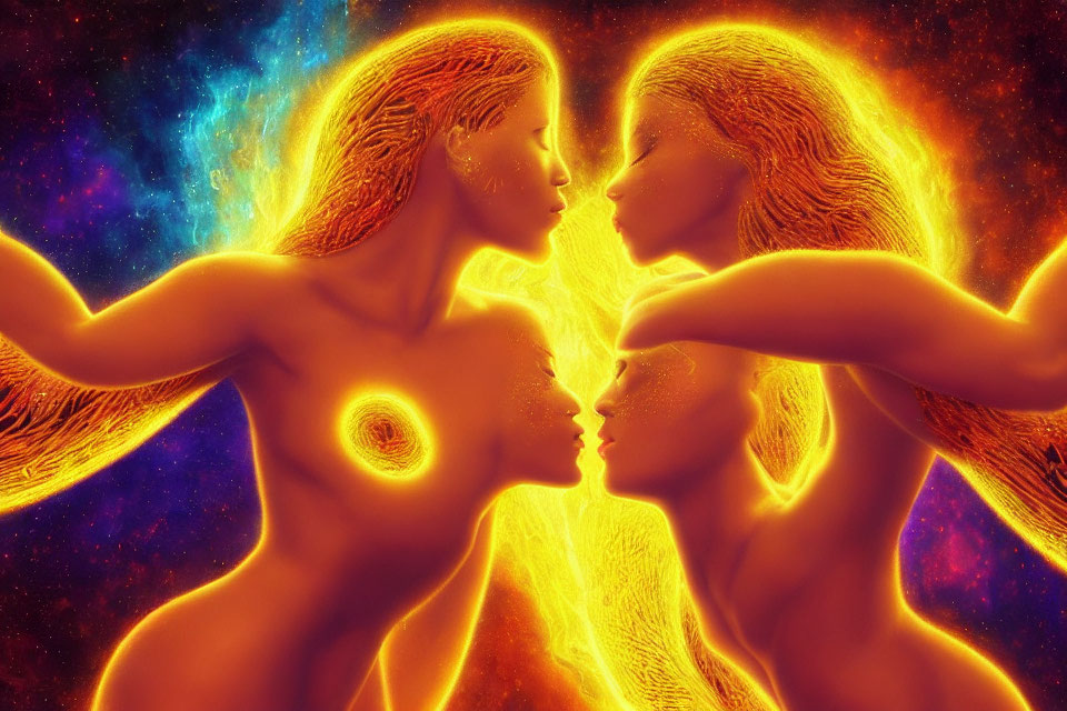 Digital artwork: Fiery energy figures touching foreheads in cosmic setting