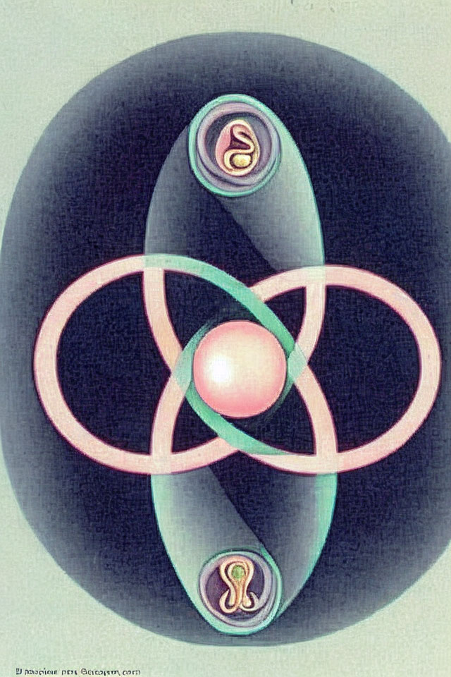 Detailed vintage-style atom illustration with electron paths and swirling nuclei.