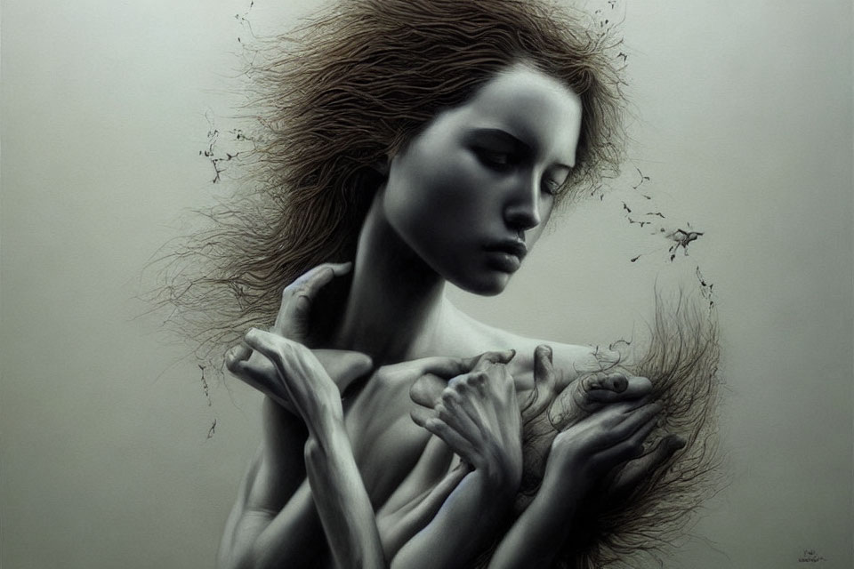 Monochromatic surreal artwork of woman in flowing hair pose with another version.