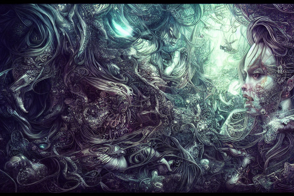 Fantastical digital artwork: Ethereal forms with human figure in intricate patterns