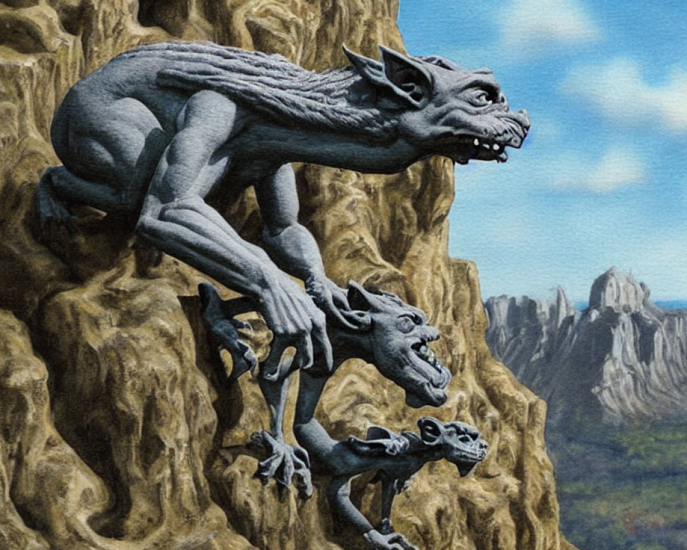 Illustration of Three Menacing Gargoyles Climbing Rocky Cliff