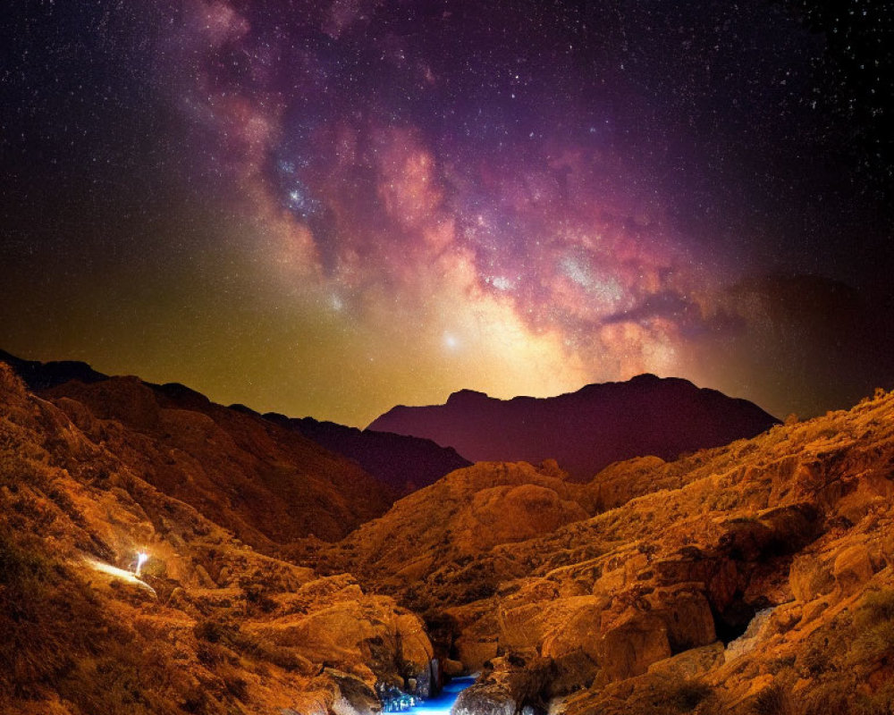 Starry night sky over rugged landscape with flowing water and lone camper's light