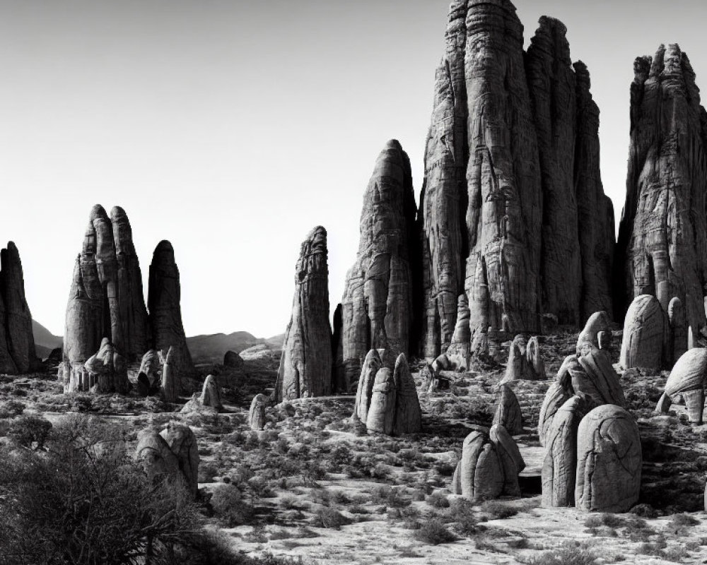 Majestic desert landscape with towering rocky spires and boulders