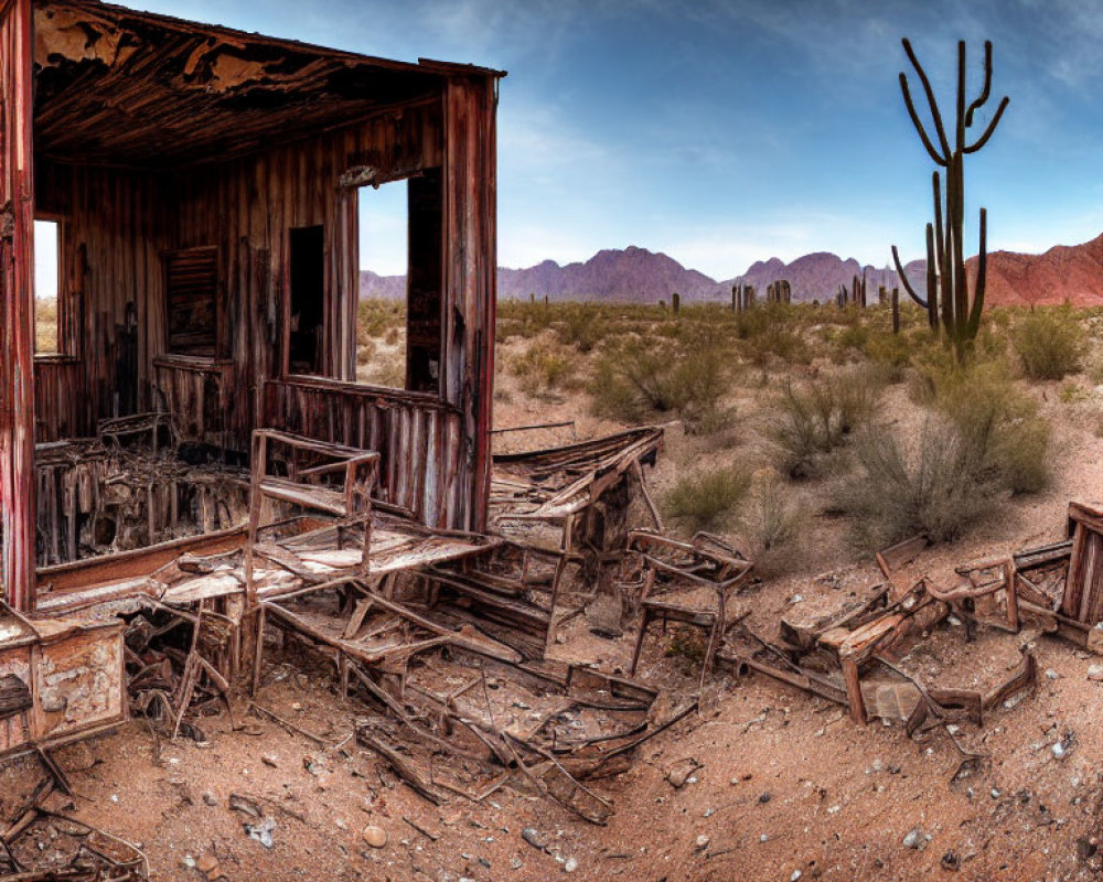 Abandoned wooden shack in desert with cacti and mountains