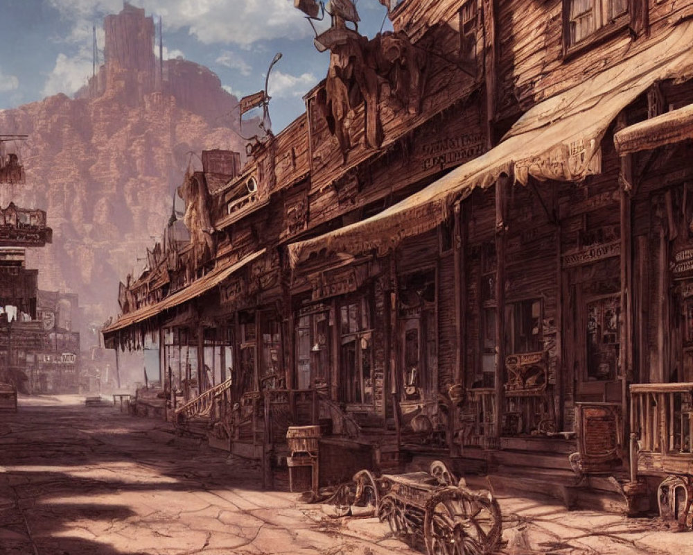 Desolate Western town with dilapidated buildings and towering cliffs