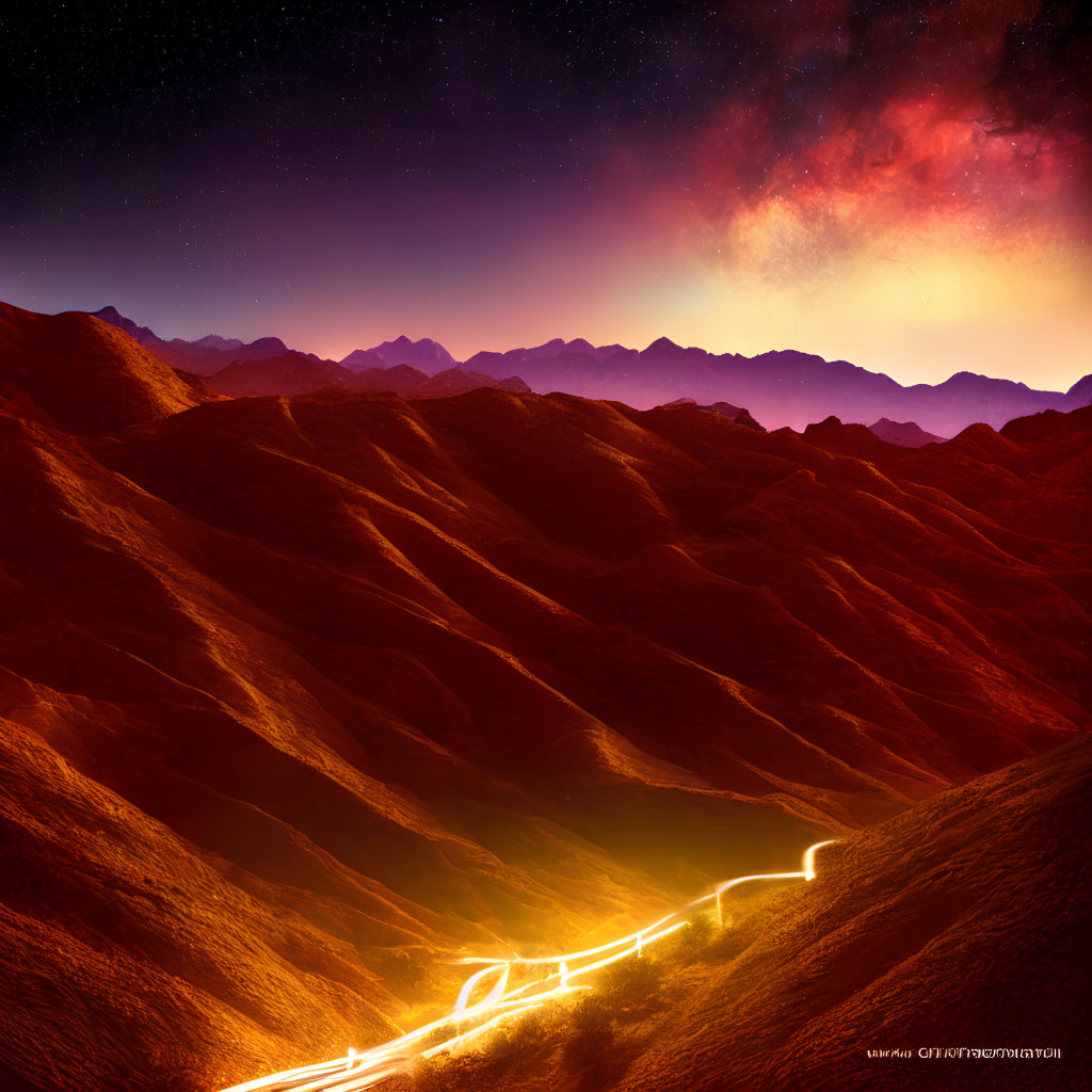 Scenic winding road through red mountains under starry sky