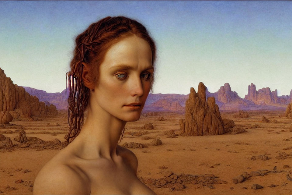 Red-haired woman in desert with rock formations and clear sky