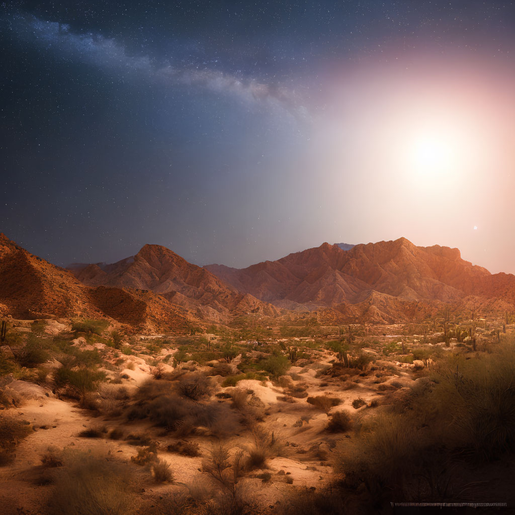 Desert Dusk Scene: Setting Sun, Starry Sky, Mountains, and Vegetation