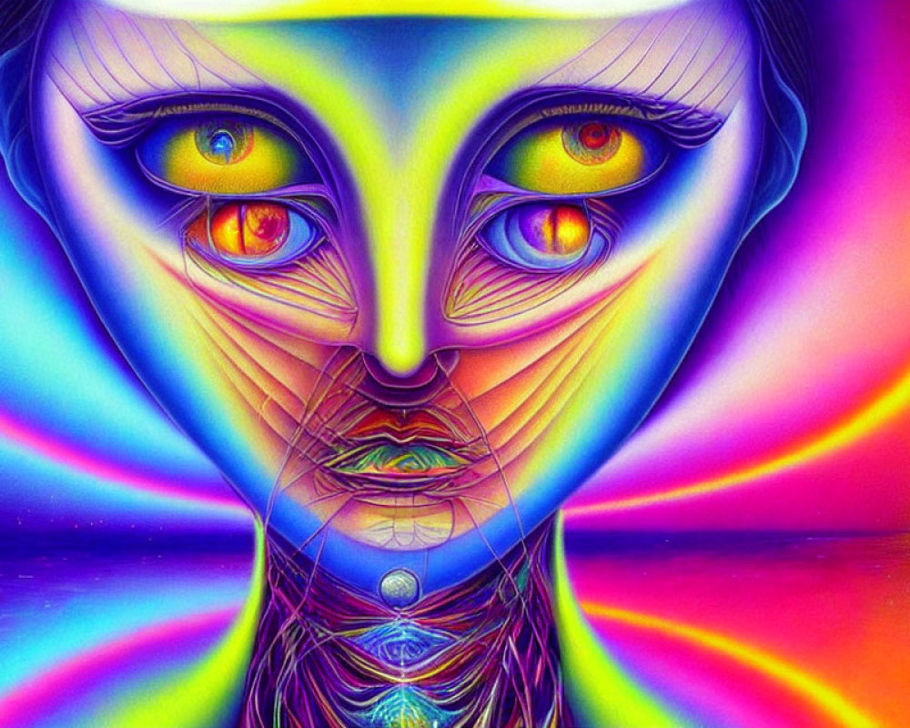 Colorful Psychedelic Humanoid Face with Multiple Eyes in Neon Spectrum