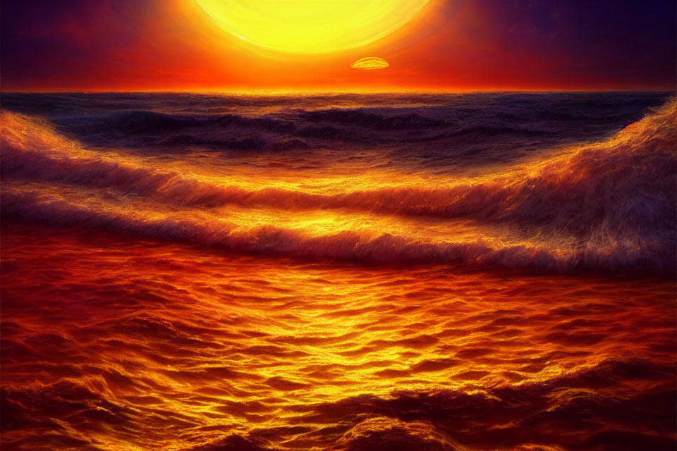 Fiery sunset over turbulent sea with vibrant orange and red hues