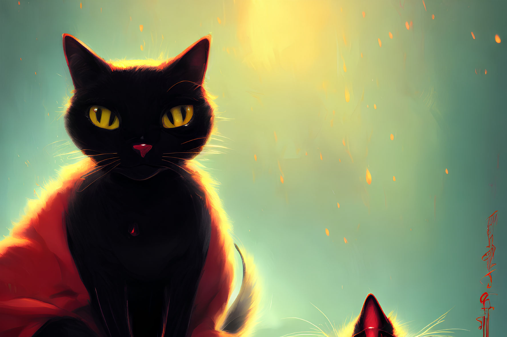 Digital Art: Black Cat with Yellow Eyes in Red Cloak on Warm Background