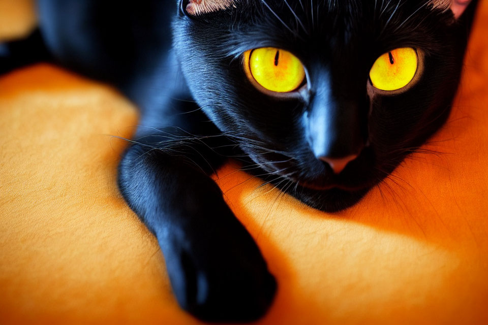 Black Cat with Yellow Eyes on Orange Surface - Intense Gaze