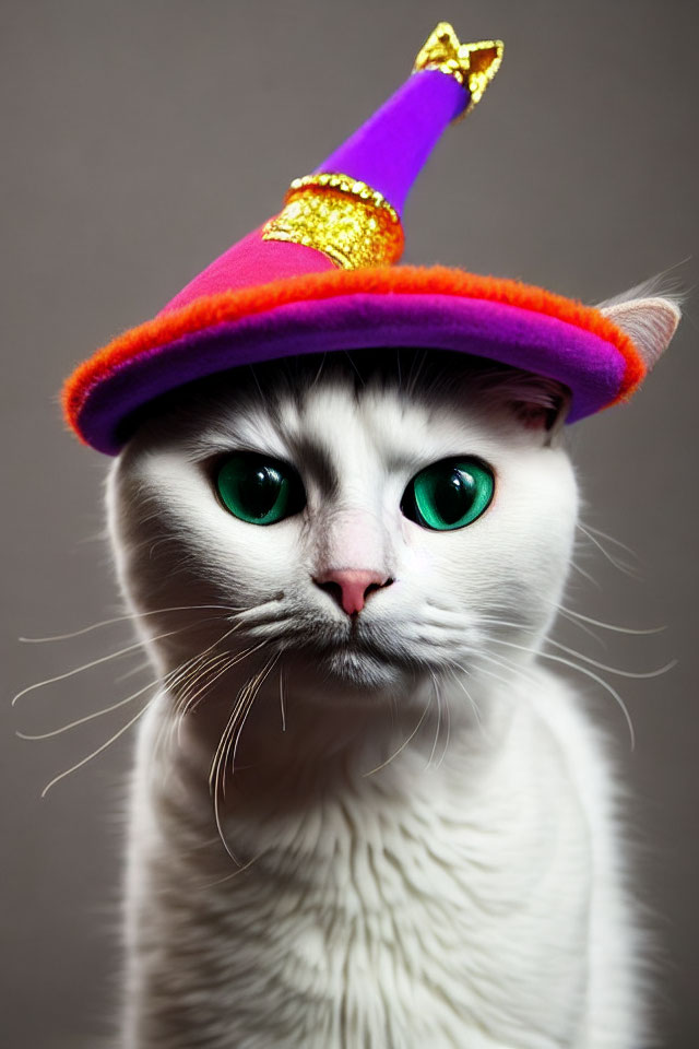 White Cat with Green Eyes in Colorful Wizard Hat